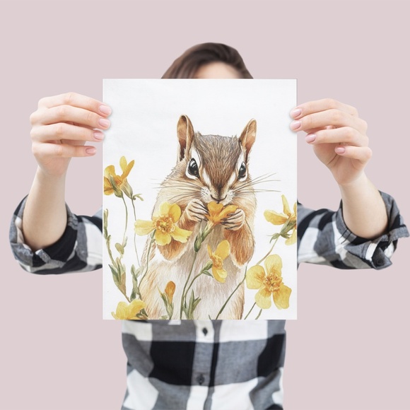 Watercolor Floral Chipmunk Portrait Wall Art Illustration Print Poster Unframed - Picture 5 of 9